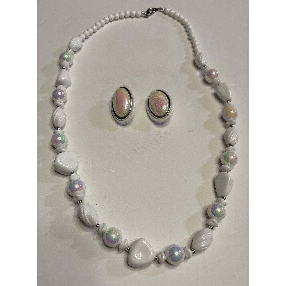 Vintage White Lucite and Iridescent Bead Statement Necklace and Clip On Earrings